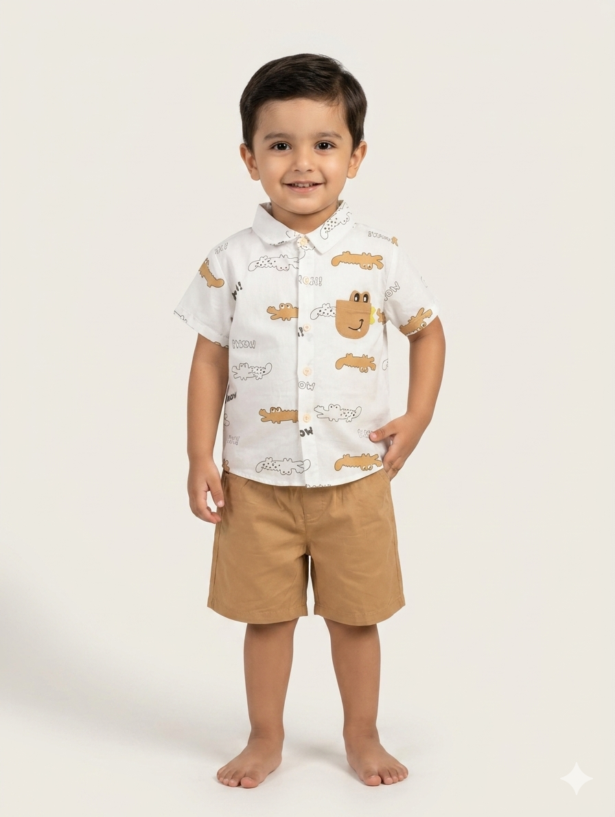 Boys Crocodile Print Shirt and Shorts Two-Piece Summer Outfit in Green and Brown Tones