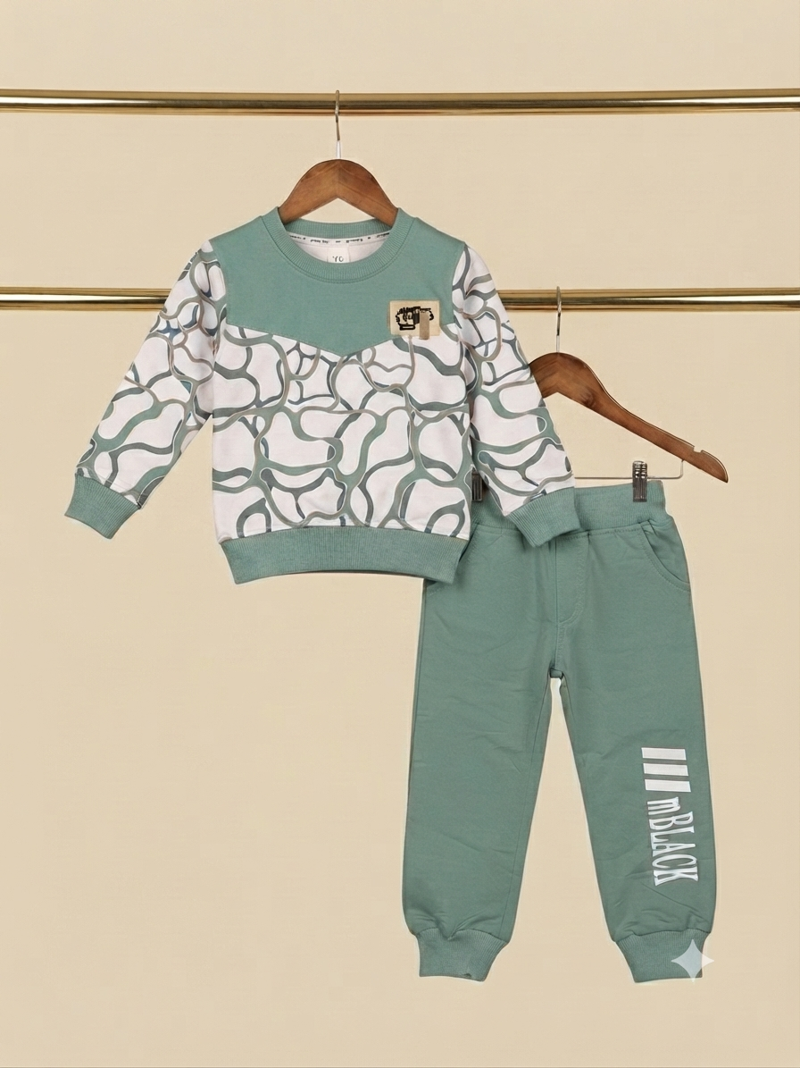 Stylish Organic Line Print Kids Fleece Sweatshirt And Matching Joggers Winter Outfit Set