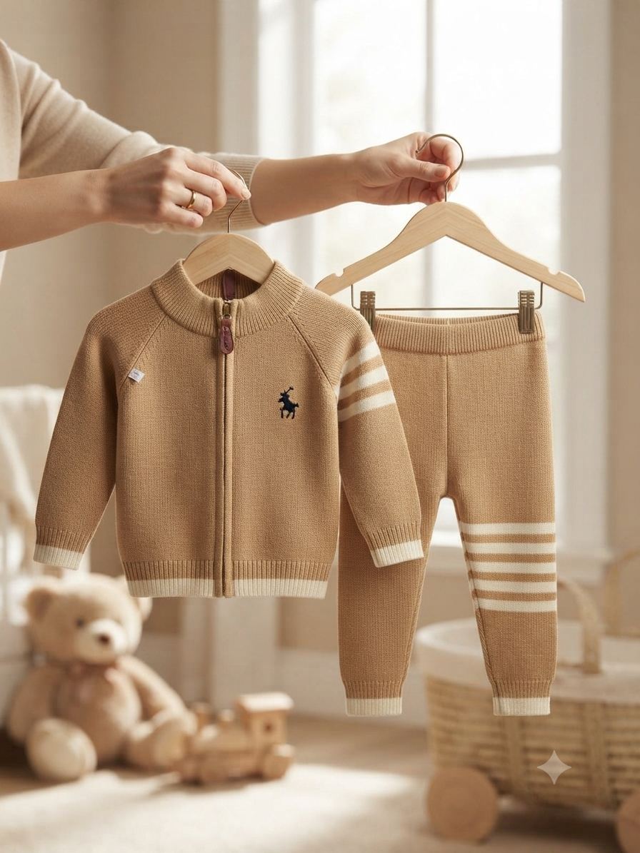 Premium Camel Knit Zip-Up Jacket And Trouser Set For Cozy Baby Boy Winter Fashion