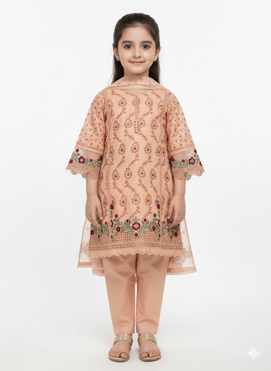 Girls' 3-Piece Embroidered Chiffon Kurta Set with Scalloped Lace Borders and Matching Straight Trousers