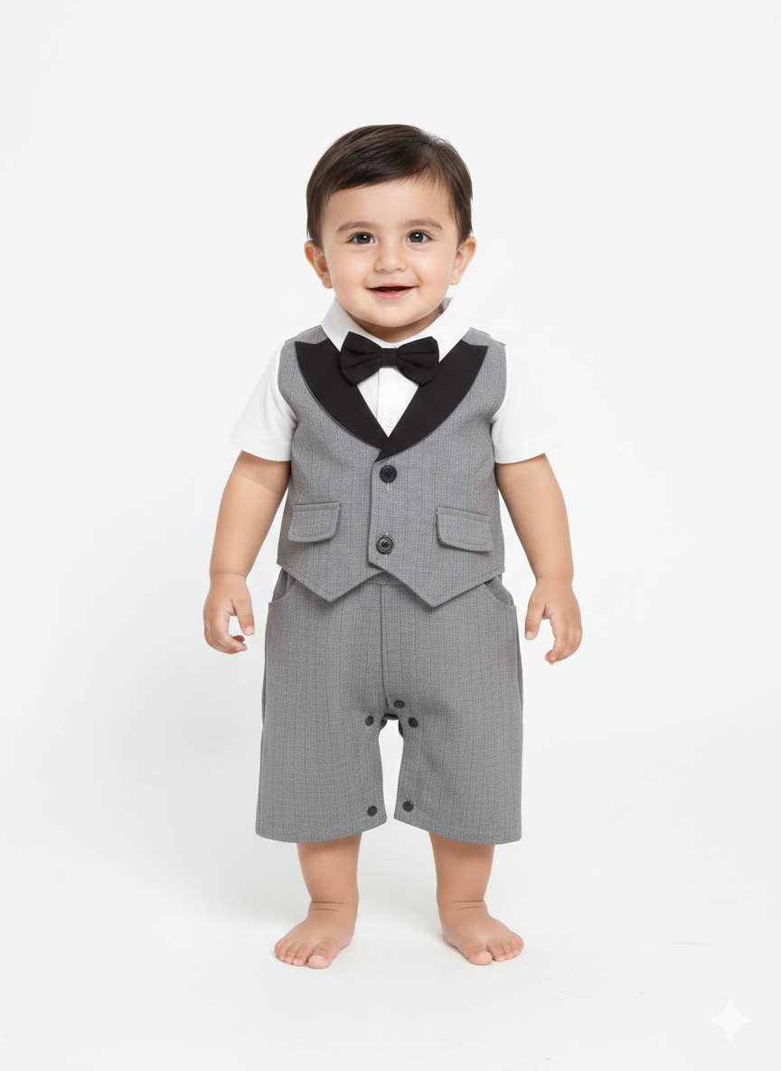 Baby Boy Formal Tuxedo Romper - Gentleman Vest & Bow Tie One-Piece Special Occasion Suit