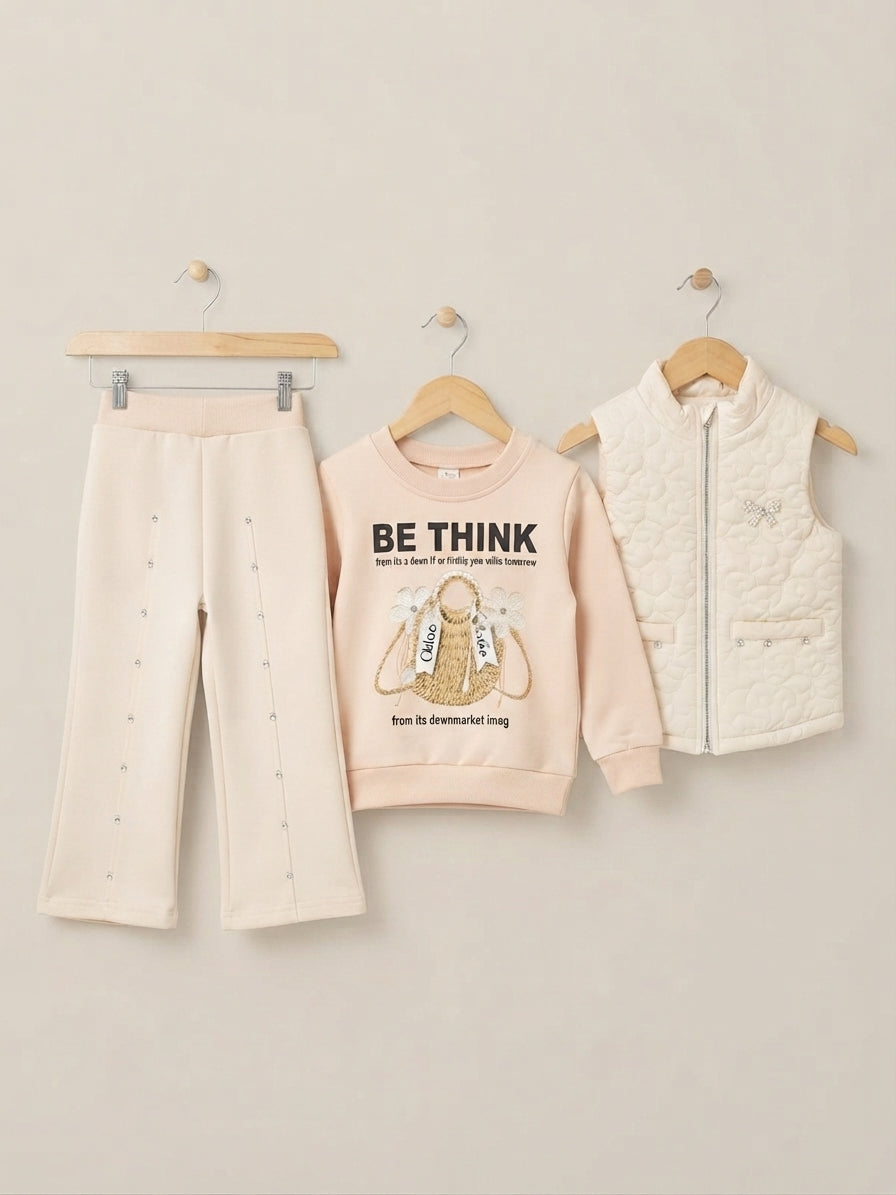 Kids Be Think Graphic Sweatshirt Quilted Vest And Beaded Pant Outfit Set