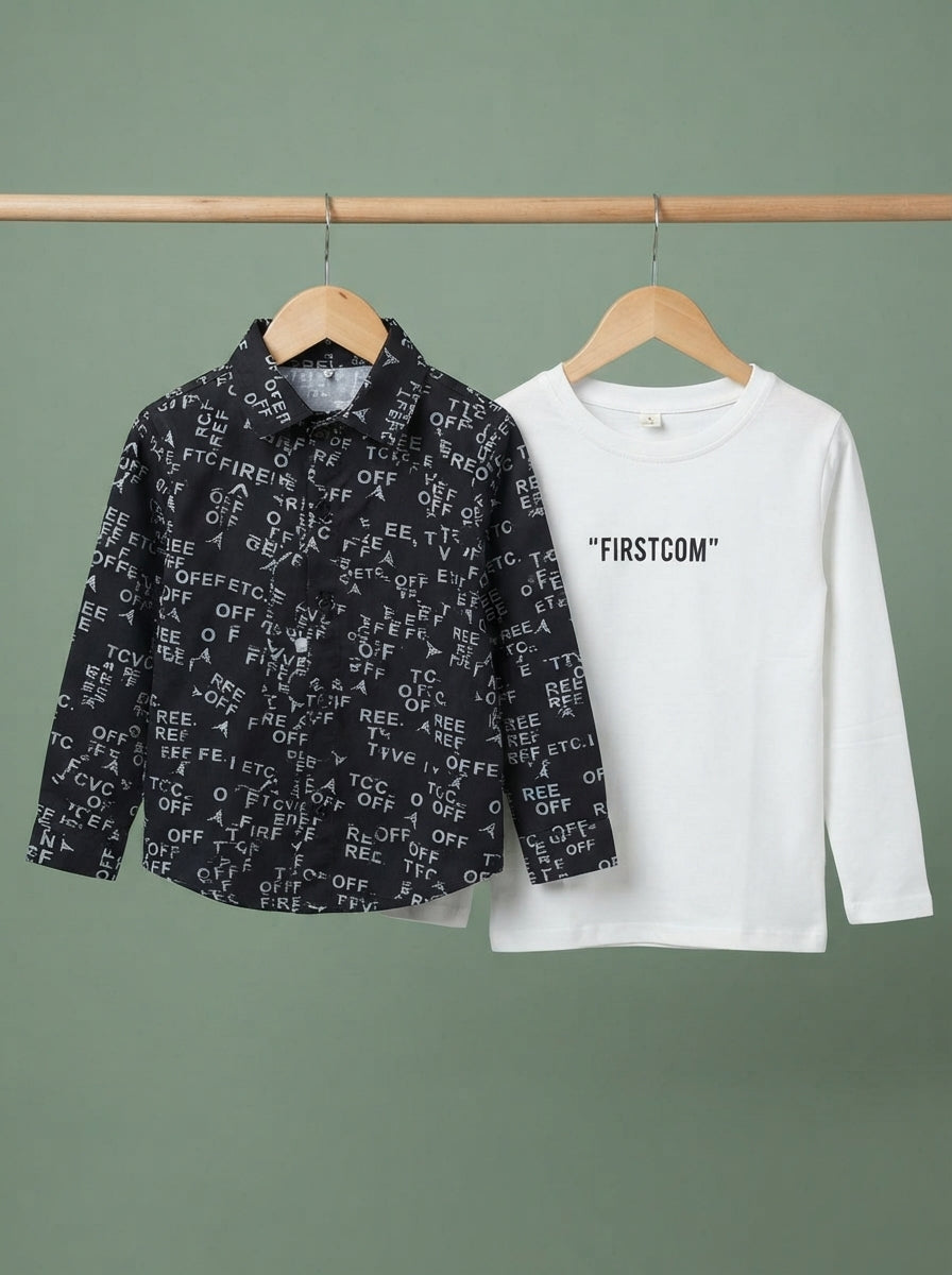 Boys Two Piece Set Typography Print Button Down Shirts With White Tee