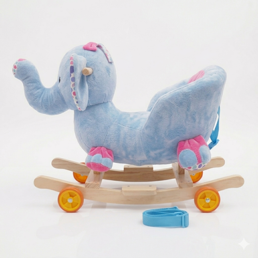 Adorable Plush Blue Elephant 2-in-1 Rocking Horse and Rolling Ride-On Toy for Toddlers