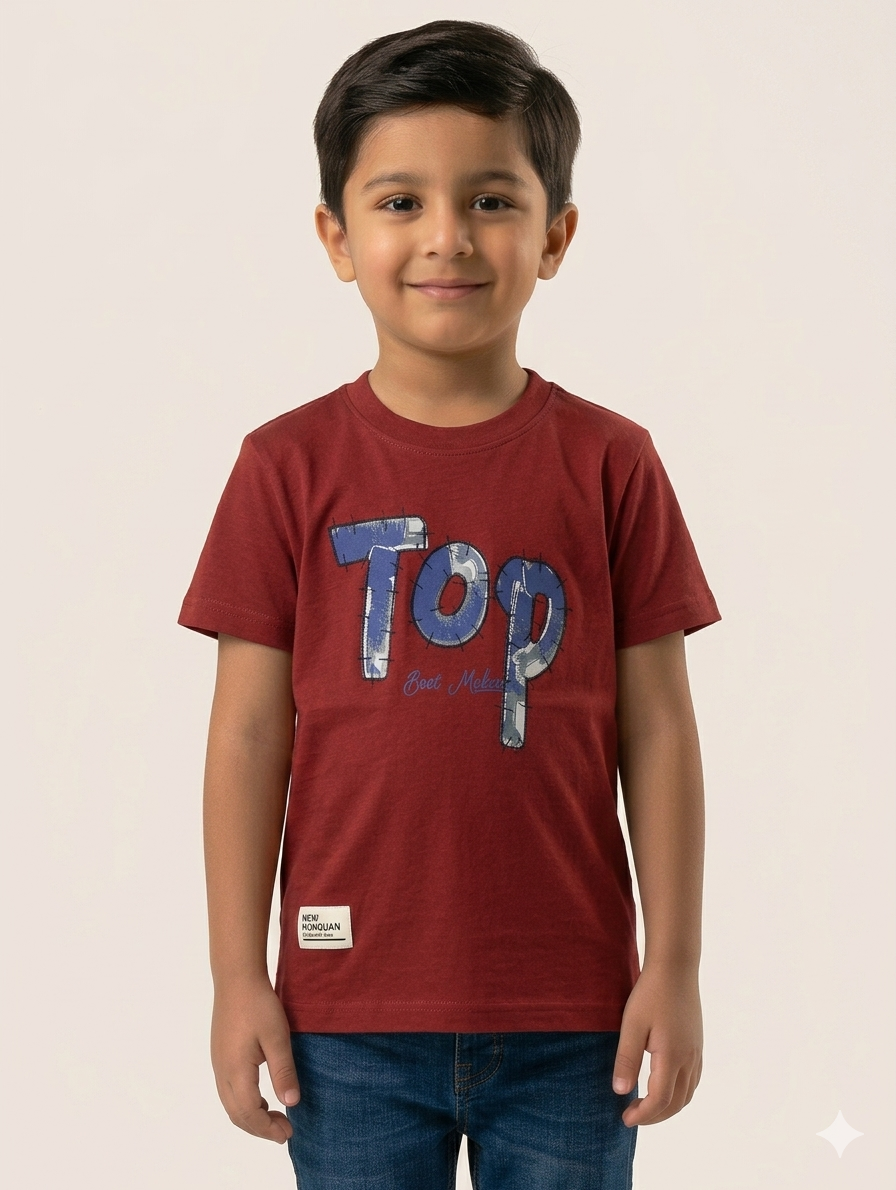 Boys Casual Cotton Graphic T-Shirt with Unique Patchwork Letter Print and Soft Ribbed Crewneck