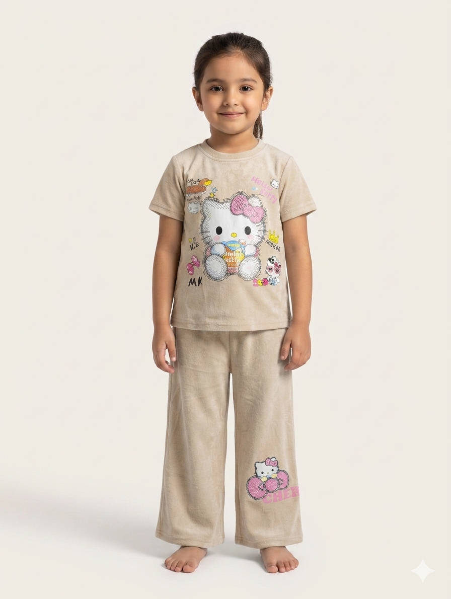Girls Ultra Soft Velvet Lounge Set Featuring Iconic Character Graphics and Comfortable Wide Leg Pants