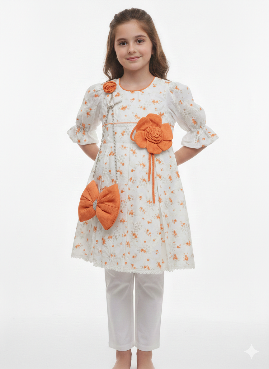 Girls' Floral Embroidered A-Line Tunic Set with 3D Flower Accents and Matching Bow Purse