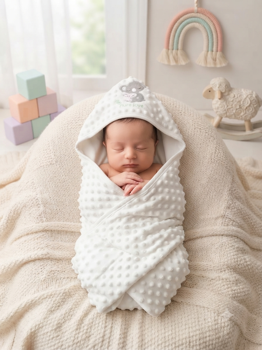 Soft White Textured Baby Swaddle Wrap and Hooded Koala Sleeping Bag Set