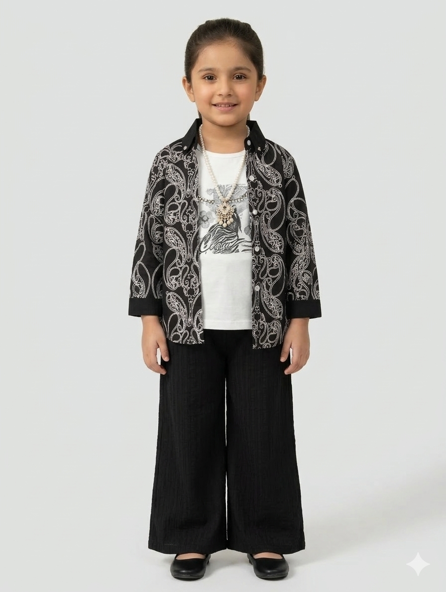 Girls' Three-Piece Paisley Print Shacket Set with Graphic Tee and Wide-Leg Palazzo Pants