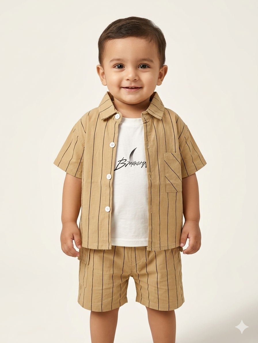 Toddler Boys' Three-Piece Vertical Stripe Shirt and Shorts Set with Printed Graphic T-Shirt