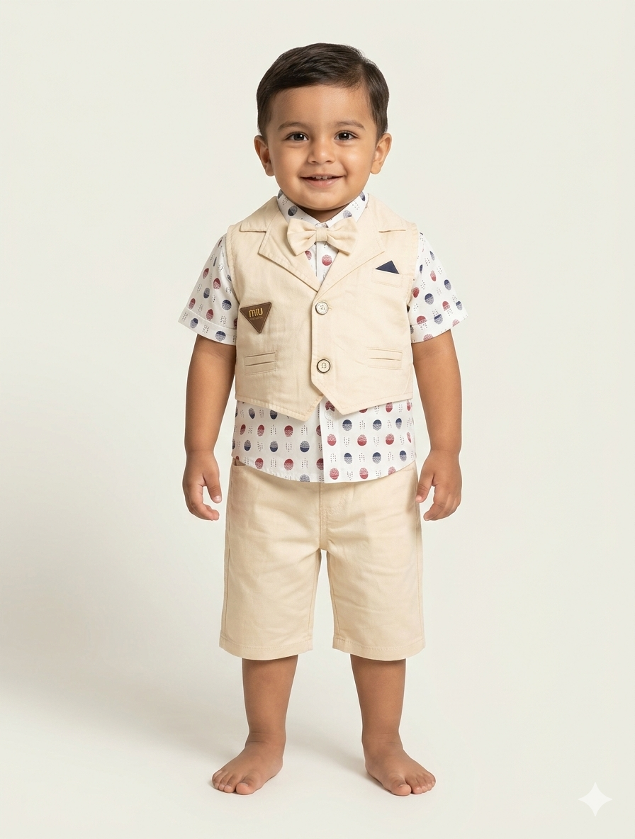 Little Boys Dapper Three-Piece Suit Set with Printed Shirt and Matching Bow Tie