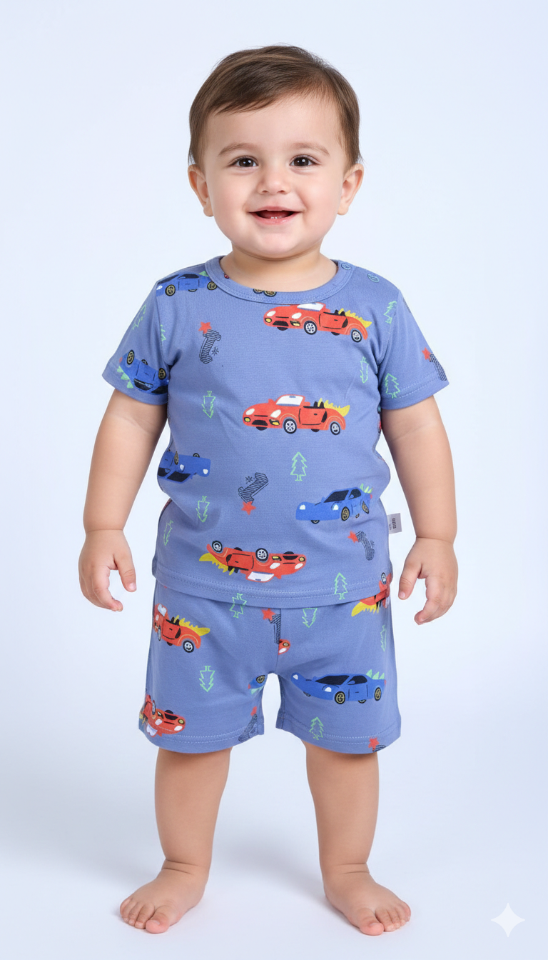 Toddler Boys Blue Race Car Pajama Set Soft Cotton Short Sleeve Shirt and Shorts
