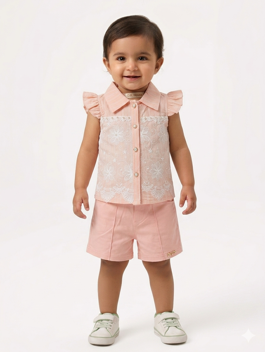Toddler Girl Floral Lace Embroidery Ruffle Sleeve Shirt and Coordinating Shorts Two-Piece Summer Set