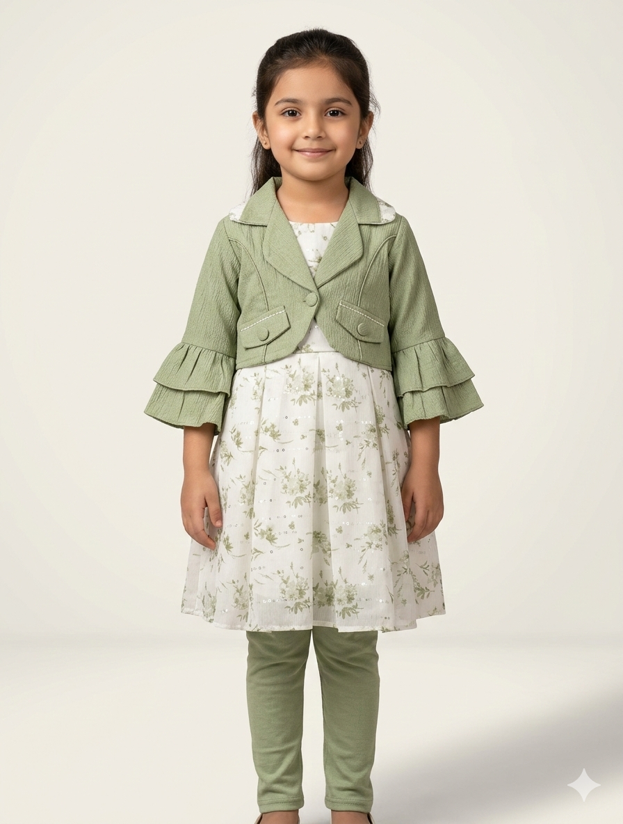 Elegant Little Girls Floral Dress with Tiered Bell Sleeve Cropped Jacket and Matching Leggings