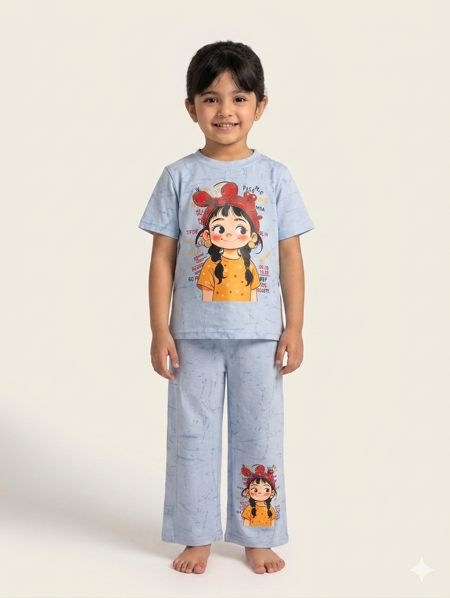 Girls Cute Character Print Tee and Relaxed Wide Leg Trouser Two Piece Summer Outfit Set