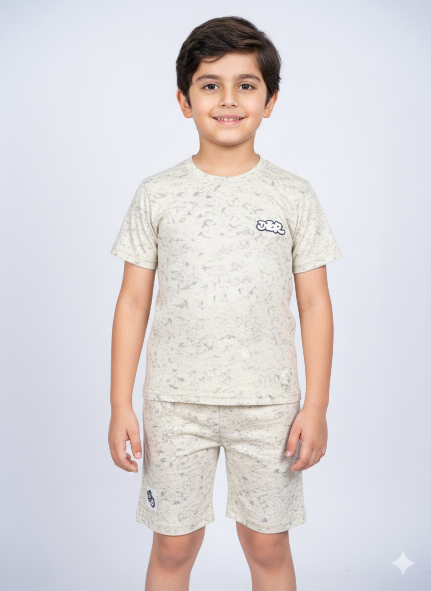 Trendy Grey Marble Texture Junior Boys Summer Cotton T-Shirt and Shorts Casual Pajama Set ✨
