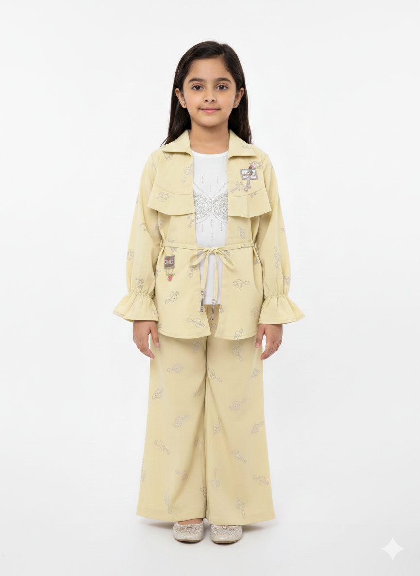 Elegant Girls' Three-Piece Beige Utility Flare Set with Belted Jacket and Embellished Graphic Tee