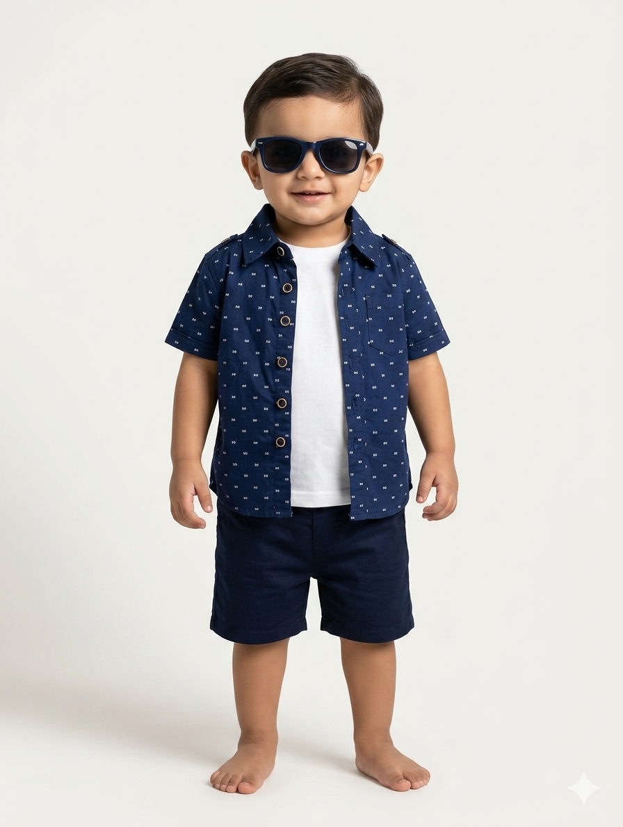 Toddler Boys' Navy Blue Dotted Button-Down Shirt and Matching Chino Shorts Three-Piece Summer Set