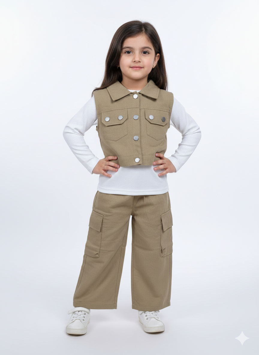 Stylish Little Girls’ Three-Piece Brown Utility Cargo Vest and Matching Wide-Leg Trouser Fashion Set.