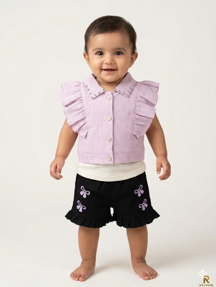 Adorable Baby Girl Three-Piece Set with Ruffled Vest and Bow-Detailed Shorts in Three Colors
