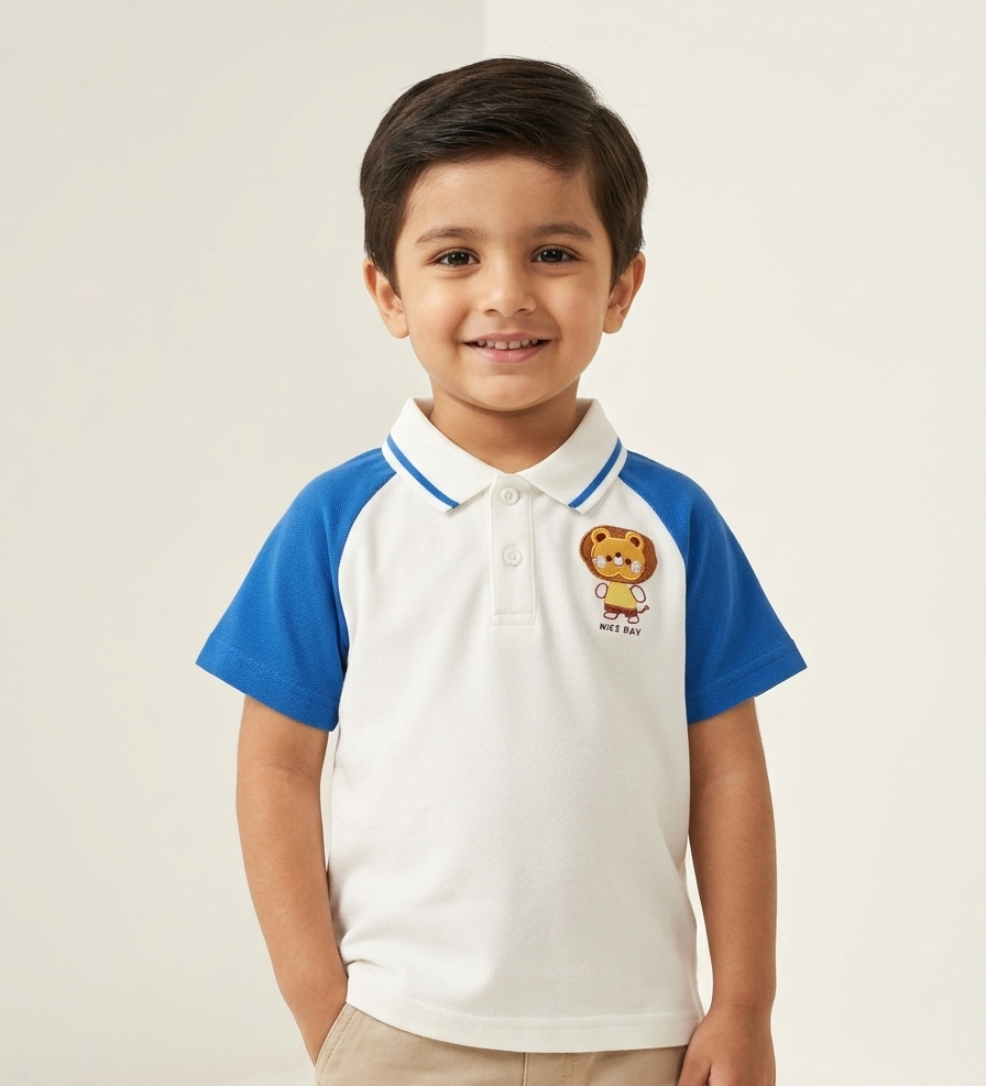 Boys' Two-Tone Cotton Polo Shirt with Cute Lion Embroidery and Raglan Short Sleeves