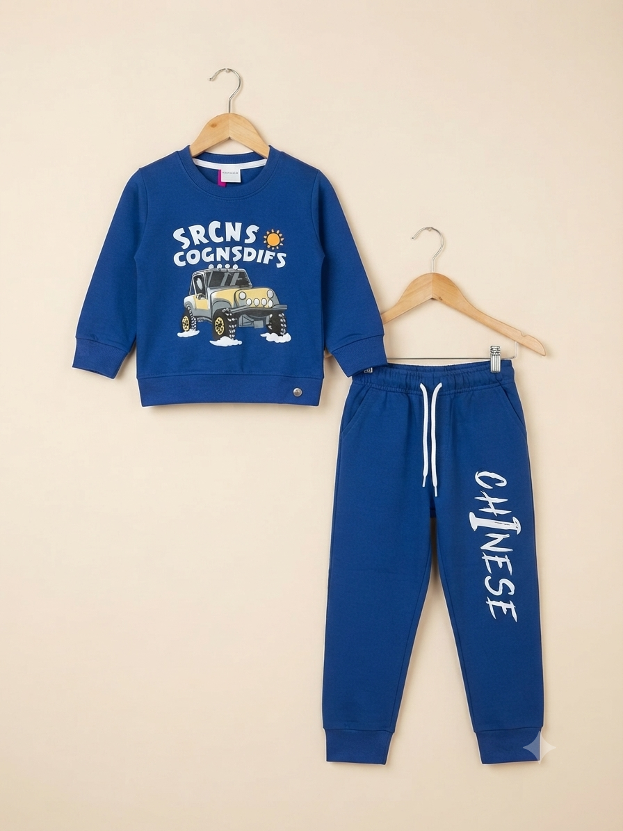 Stylish Boys Blue Jeep Graphic Sweatshirt With Matching Full Length Track Pants Outfit