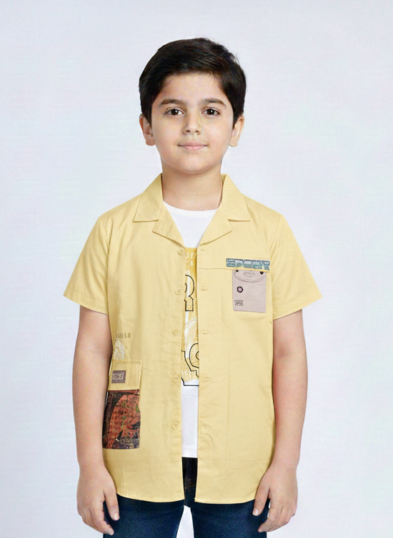 Vibrant Boys' Pale Yellow Layered Resort Shirt with Multi-Colored Utility Patches and Graphic Tee