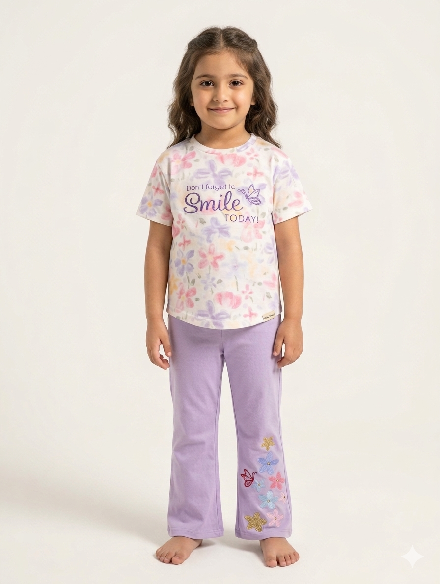 Girls "Smile Today" Graphic T-Shirt and Floral Flare Pants Two-Piece Cotton Loungewear Set