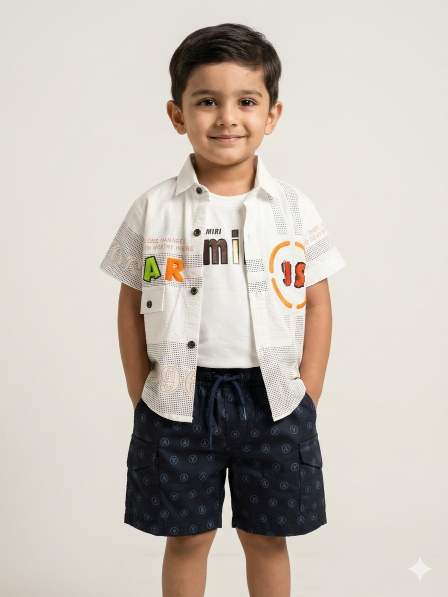 Boys Trendy Graphic Button-Down Shirt and Monogram Cargo Shorts Set