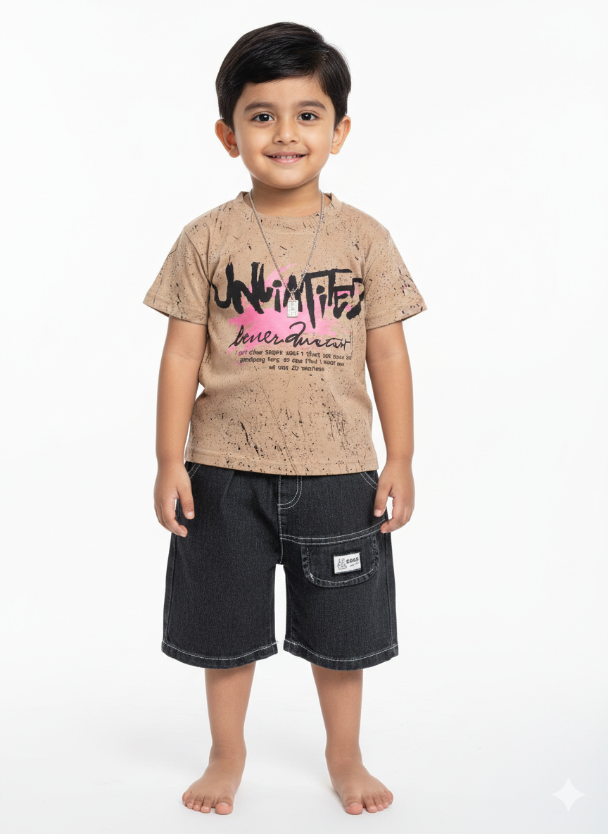 Boys' Urban Edge Black and Pink Graphic T-Shirt and Denim Cargo Shorts Set