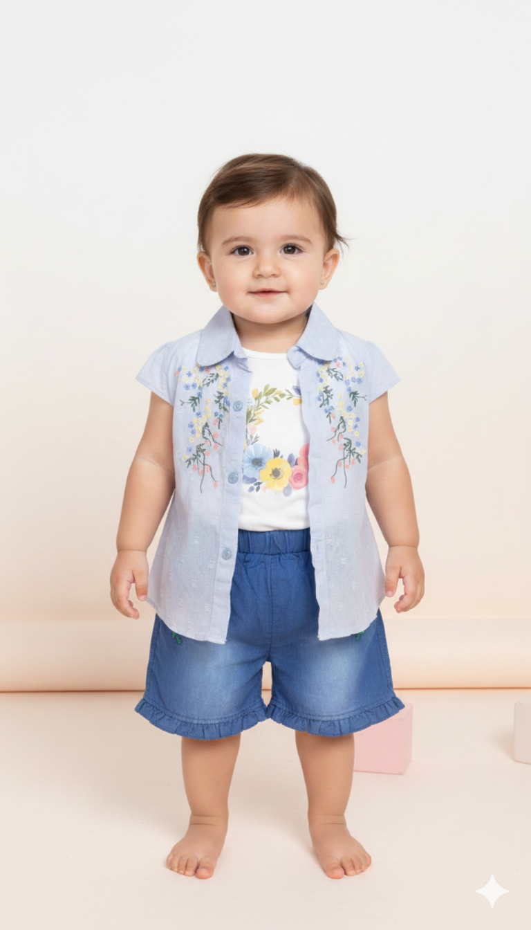 3 pcs Baby Girls Three Piece Summer Floral Set White Embroidered Shirt Denim Short Matching Headband