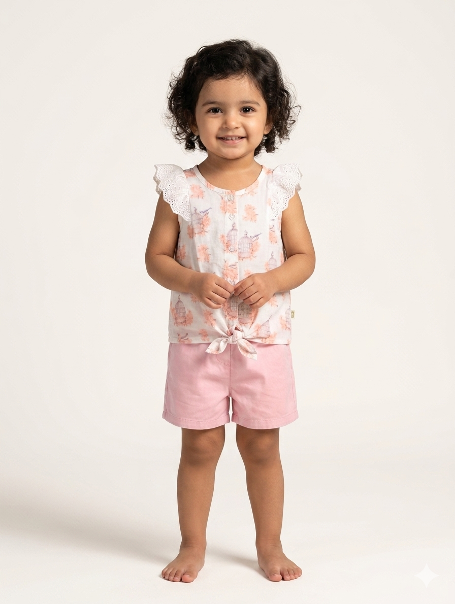 Toddler Girls Floral Print Tie-Front Top and Cotton Shorts Summer Two-Piece Clothing Set