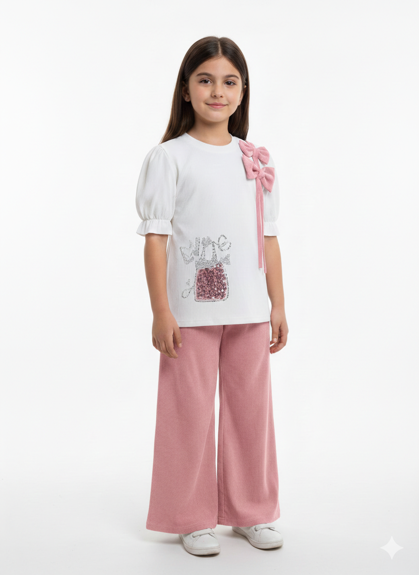 Girls' Chic Ribbed Puff Sleeve Top and Wide-Leg Corduroy Pant Two-Piece Fashion Set