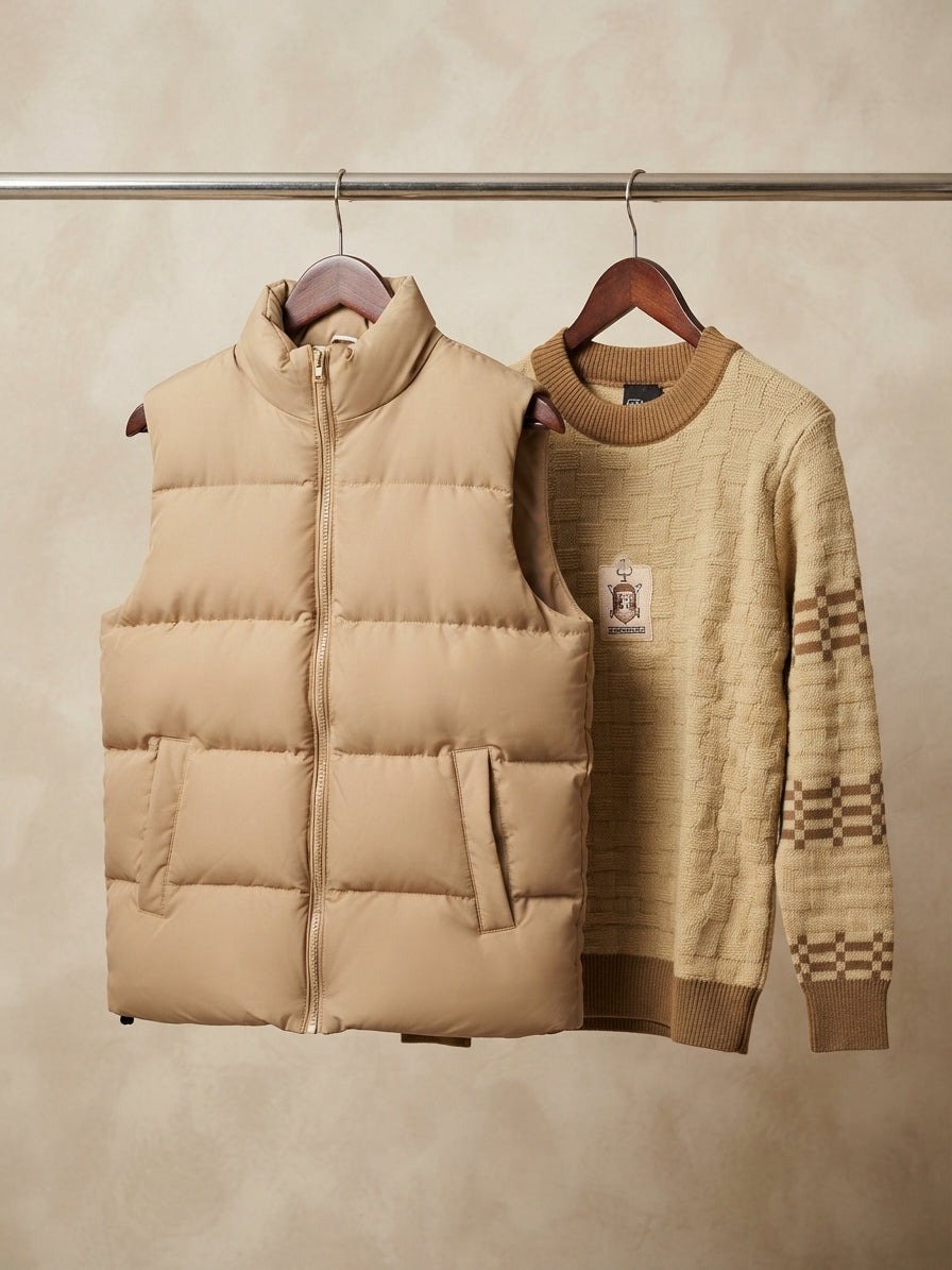 Stylish Kids Puffer Vest And Patterned Long Sleeve Knitted Winter Outfit Combo