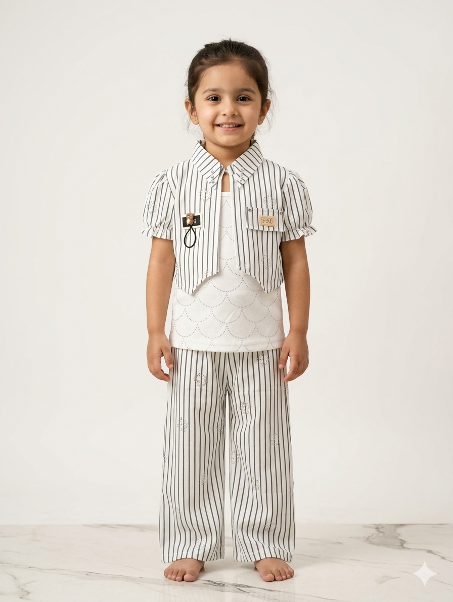 Girls Three-Piece Striped Bolero Jacket Set With Scalloped Inner Top and Matching Wide Trousers