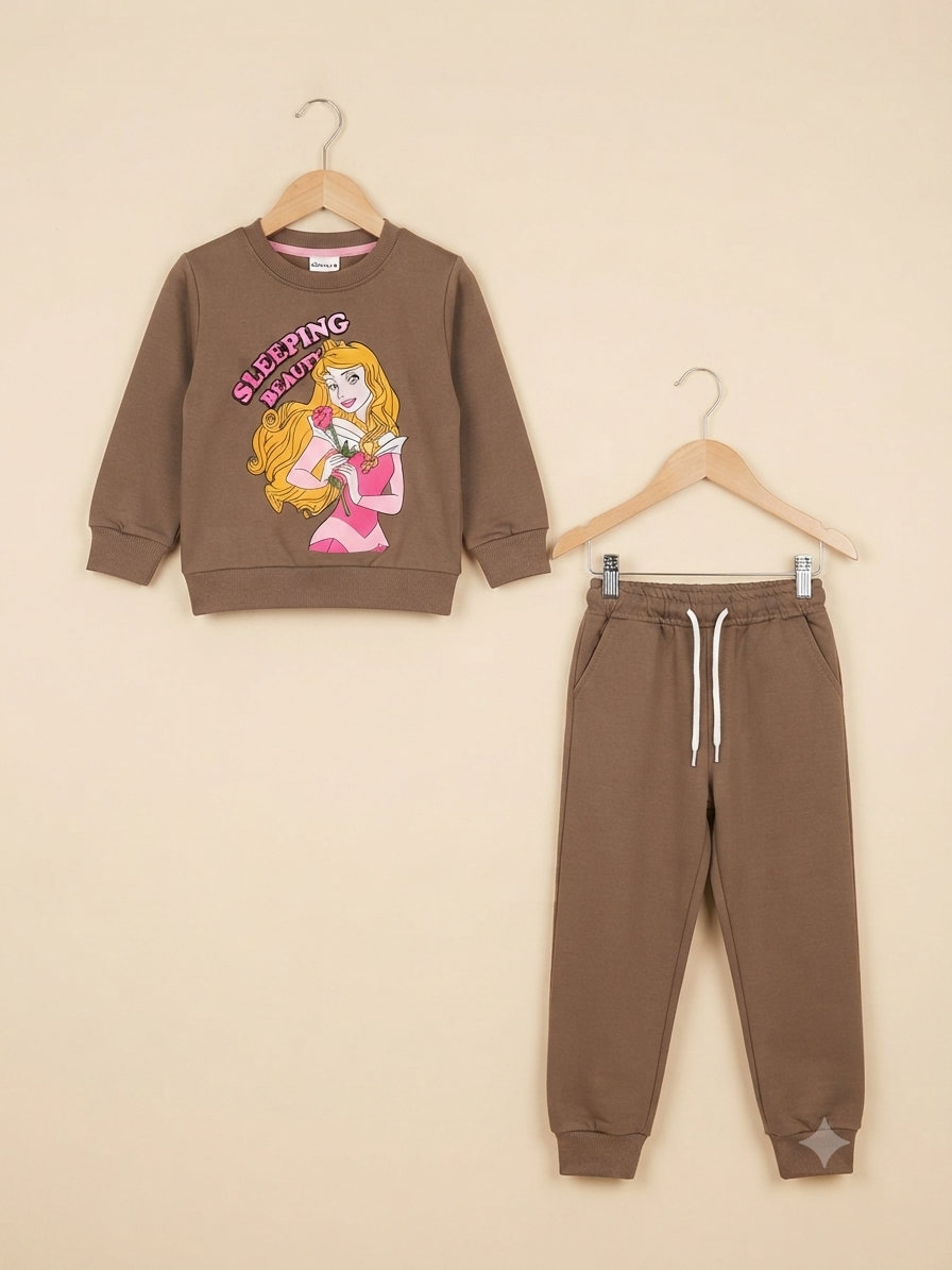 Stylish Girls Sleeping Beauty Graphic Brown Sweatshirt With Matching Full Length Track Pants