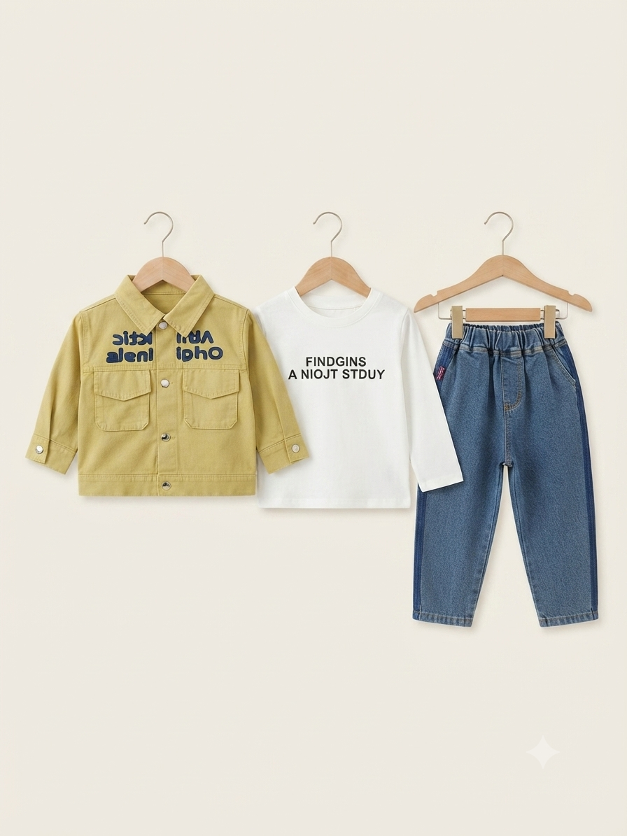 Kids Stylish Letter Print Jacket White T Shirt And Denim Jeans 3 Piece Outfit