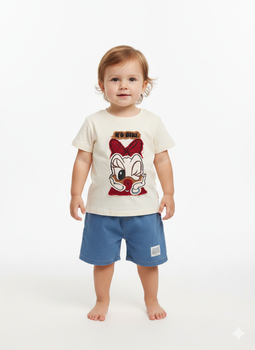 Kids Duck Print Short Sleeve Tee with Comfortable Shorts 2-Piece Outfit