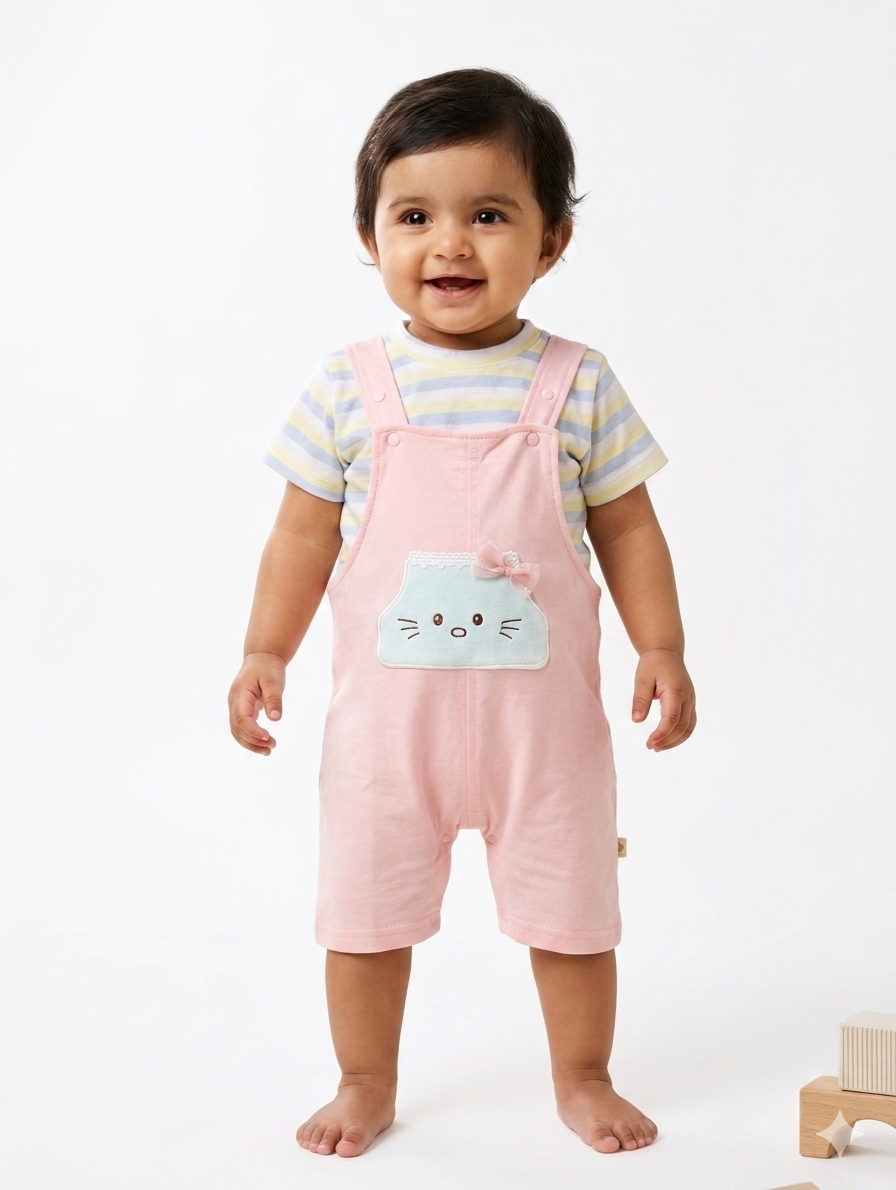 Charming Pastel Baby Overalls Set with Striped Tee and Whimsical Kitten Pocket Design Detail