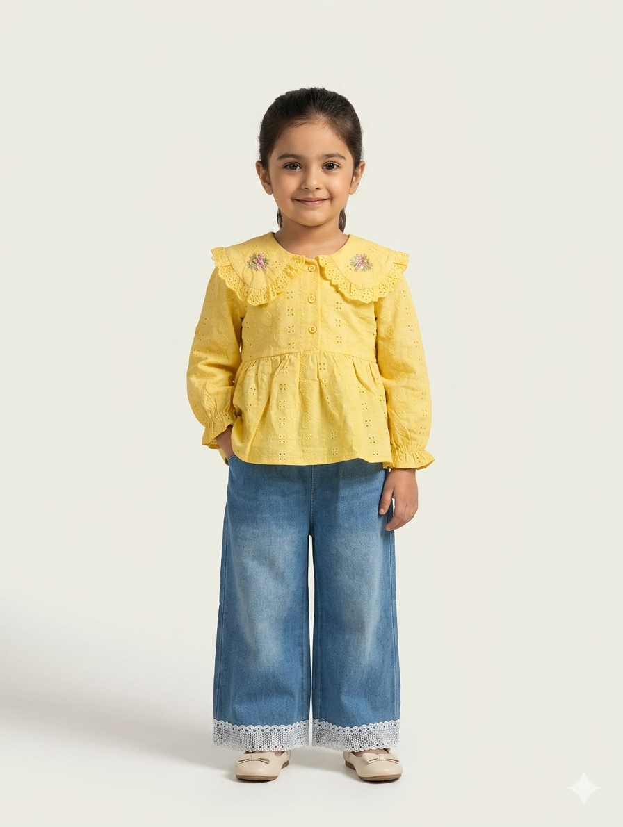 Girls' Embroidered Eyelet Cotton Peplum Blouse with Peter Pan Collar and Ruffled Elastic Cuffs