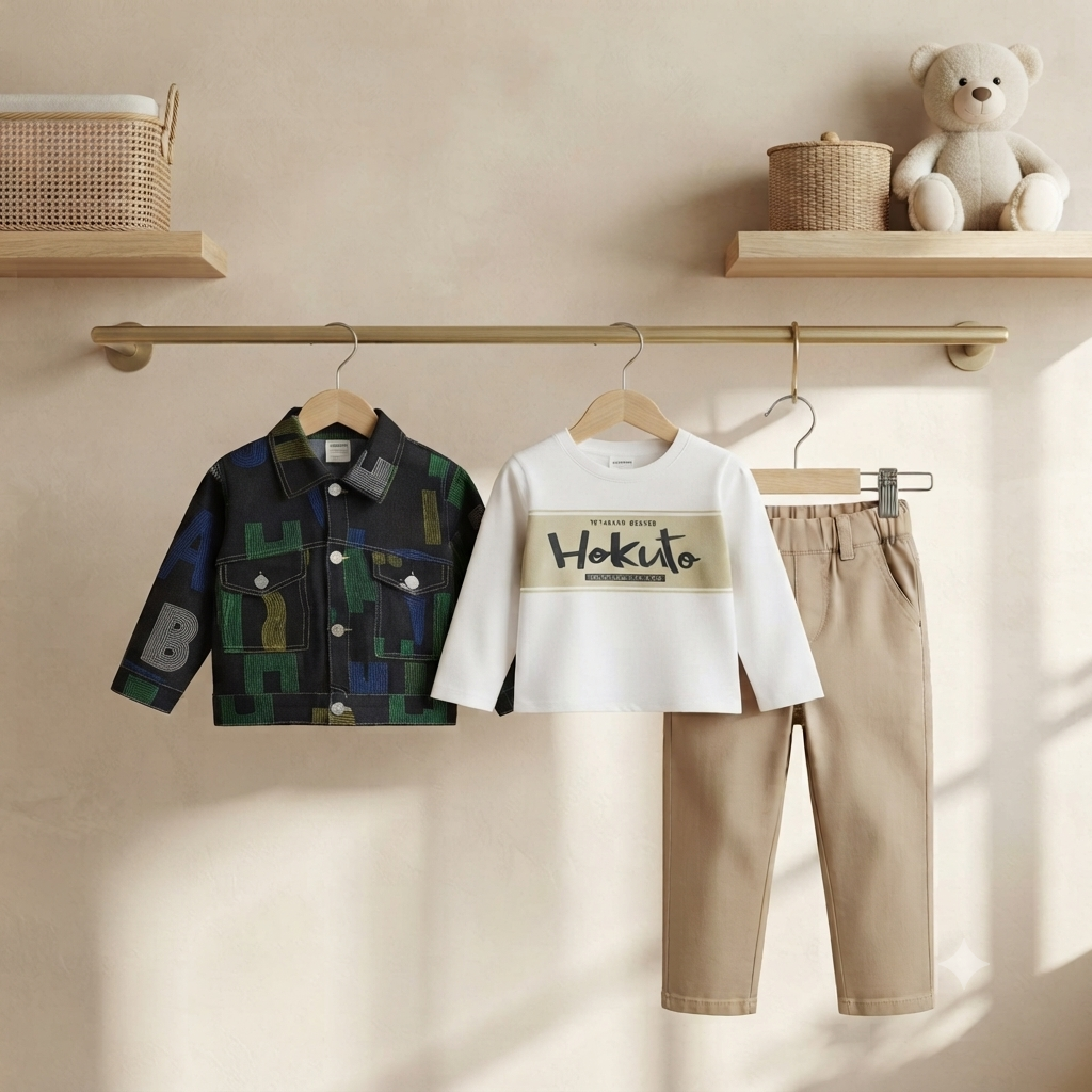 Stylish Blue Patterned Denim Jacket And Hokuto Graphic T-Shirt With Pant Set