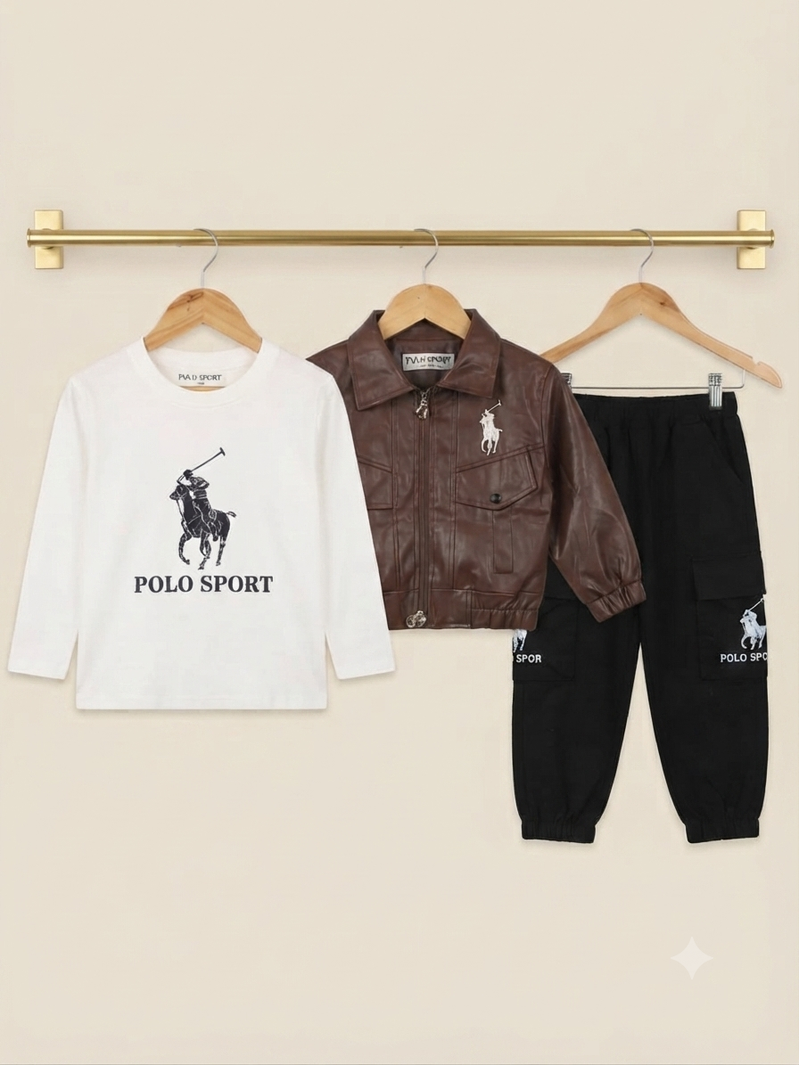 Kids Stylish 3-Piece Polo Sport Leather Jacket T-Shirt And Cargo Trouser Outfit Set