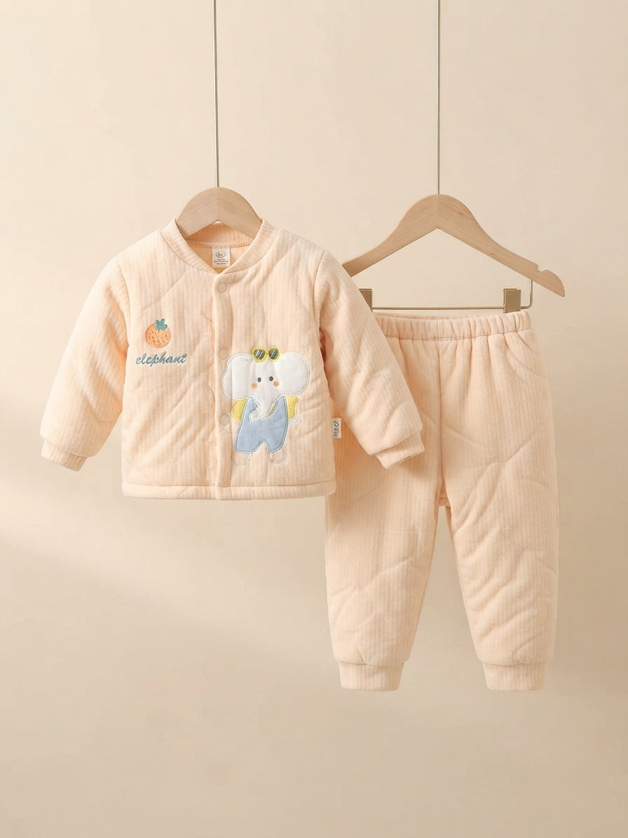 Cute Elephant Embroidery Fleece Winter Jacket With Matching Full-Length Trouser Set