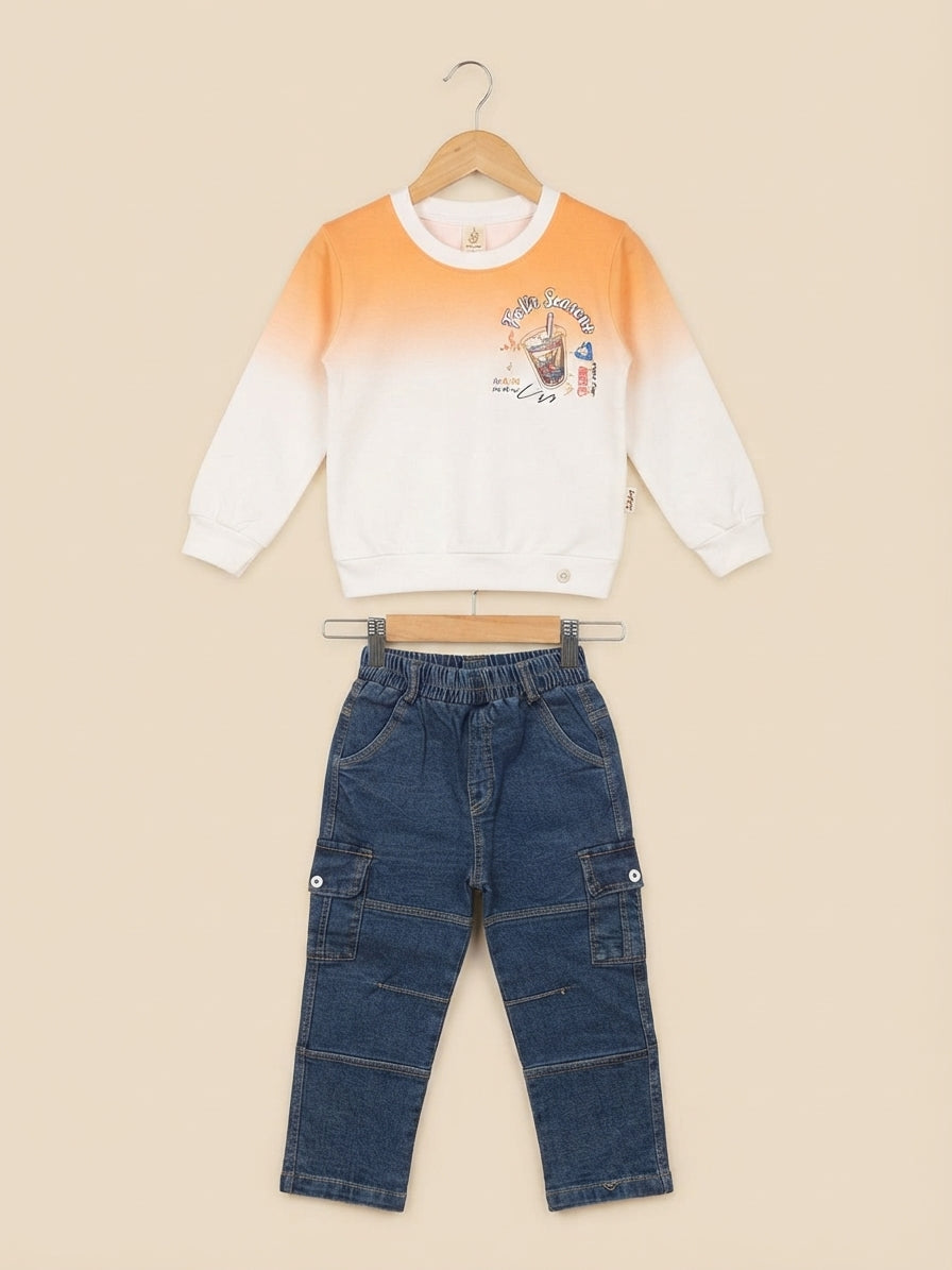 Kids Ombre Drink Graphic Printed Sweatshirt And Denim Cargo Trouser 2 Piece Outfit