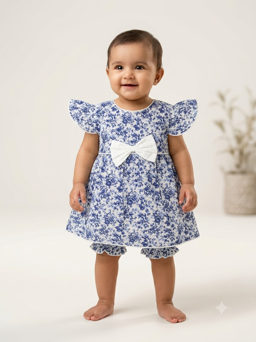 Charming Blue Floral Print Cotton Frock with Matching Bloomer Set for Baby Girls