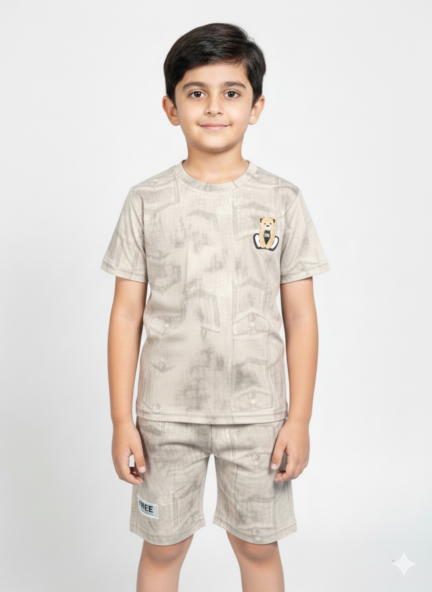 Cool Black Denim Texture Junior Boys Summer Cotton Teddy Bear T-Shirt and Shorts Set ✨
