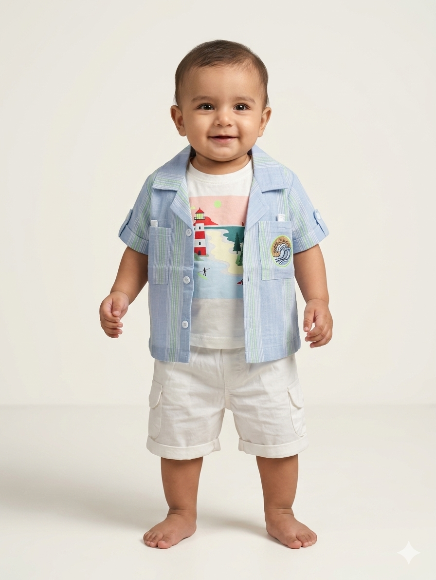 Baby Boys Nautical Three Piece Summer Set Featuring Striped Button Down Shirt and Cargo Shorts