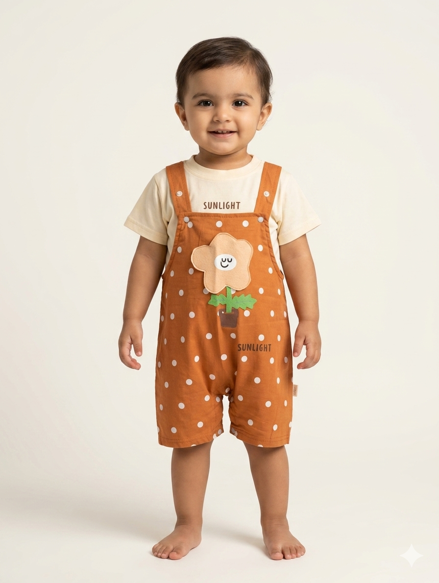 Toddler Summer Romper Set – Polka Dot Overalls with Sunlight Graphic and Floral Patch Detail
