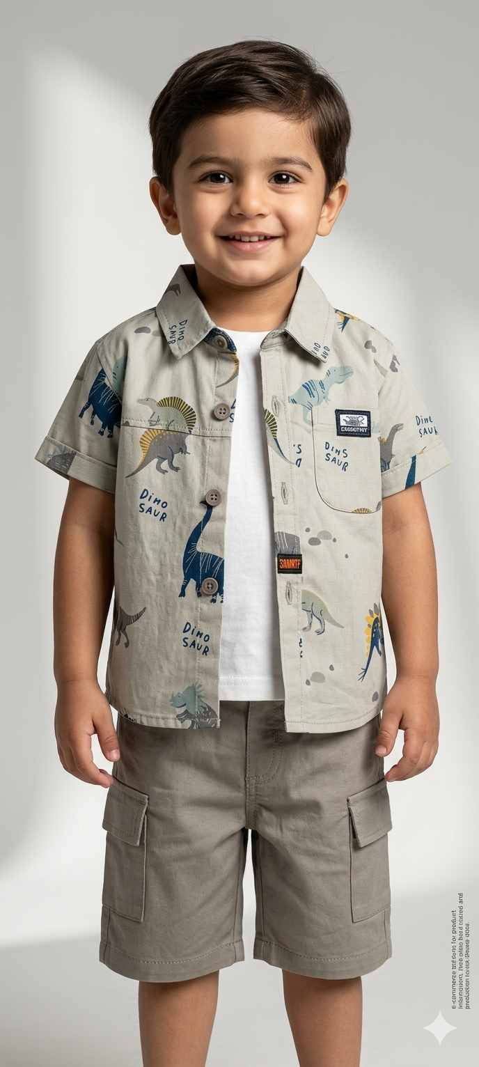 Toddler Boy Three-Piece Dinosaur Print Button-Down Shirt and Cargo Shorts Set in Multiple Colors