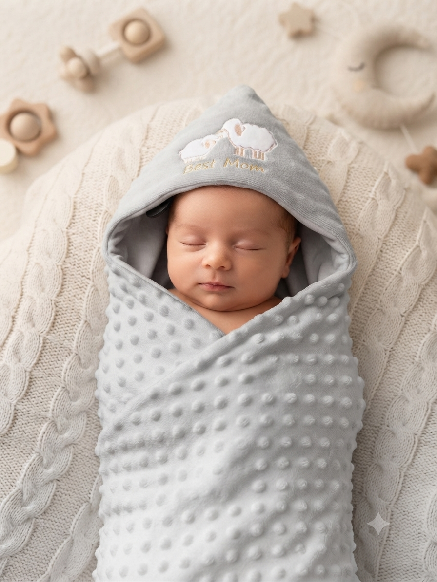 Soft White Minky Baby Hooded Swaddle Blanket With Cute Hello Little One Embroidery Design